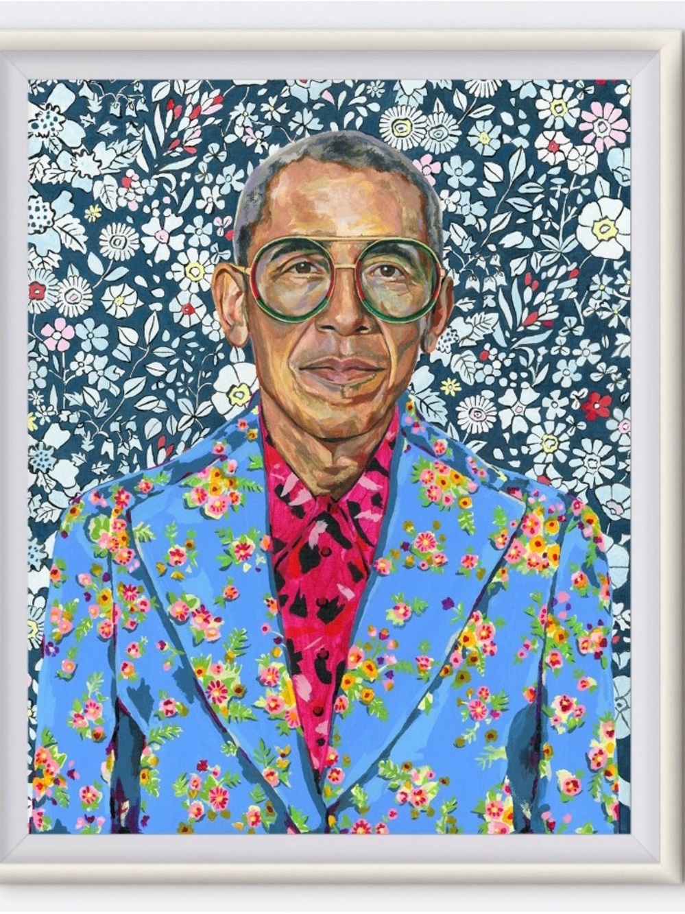 Contemporary Floral Portrait Print in Blue and Pink